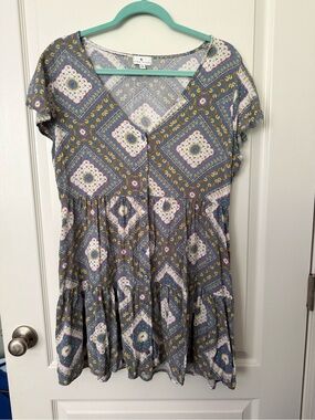 True Craft Boho Diamond Print Short Sleeve Dress -